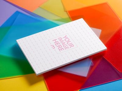 Card Mockup in Flat Lay on Translucent Colorful Acrylic Sheets