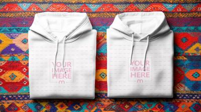 Folded Hoodie Mockup Symmetrically Displayed on Patterned Rug