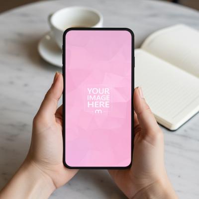 Smartphone Mockup Held with Both Hands in Café Table