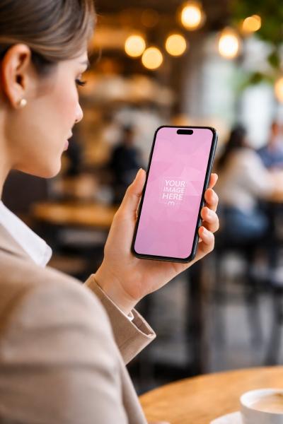 Smartphone Mockup Held by Woman in Coffee Shop