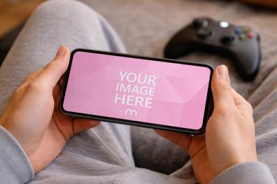 Smartphone Mockup in Landscape Mode Held for Gaming