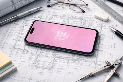 Smartphone Mockup Resting on Architectural Blueprints