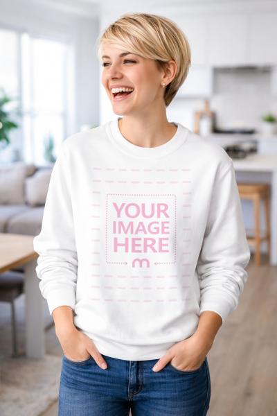 White Sweatshirt Mockup Worn by Woman in Modern Home