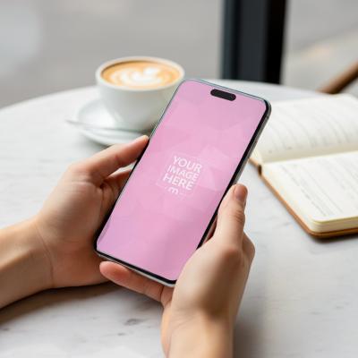 Smartphone Mockup Held Above Marble Table