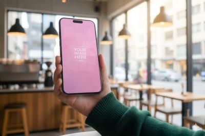 Smartphone Mockup Held in Hand Inside Urban Café