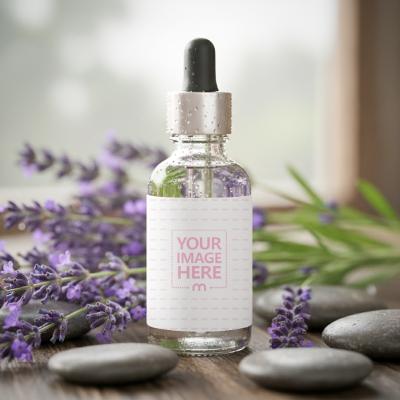 Oil Dropper Bottle Mockup on Wooden Surface with Spa Decor