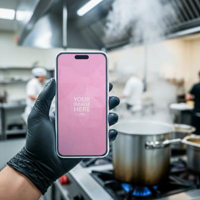 Smartphone Mockup Held with Gloved Hand in Kitchen Scene