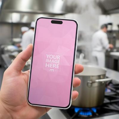Smartphone Mockup Held in Busy Restaurant Kitchen