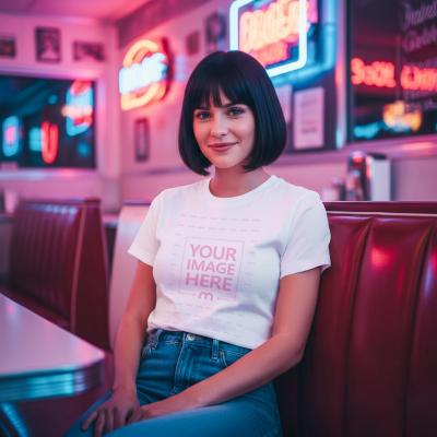 White T-Shirt Mockup Worn by Woman in Retro Diner
