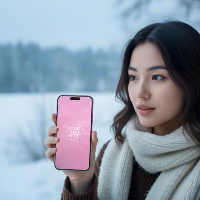 Smartphone Mockup Held Outdoors in Snowy Landscape