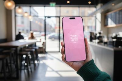 Smartphone Mockup Held in Hand Inside Modern Café