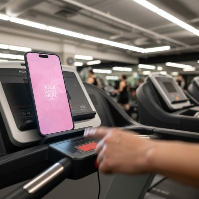 Smartphone Mockup on Treadmill Console in Fitness Center