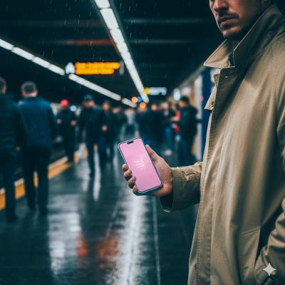 Smartphone Mockup Held by Man in Subway Station