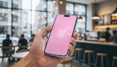 Smartphone Mockup Held in Hand Inside Coffee Shop