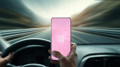 Smartphone Mockup Held While Driving on Open Road