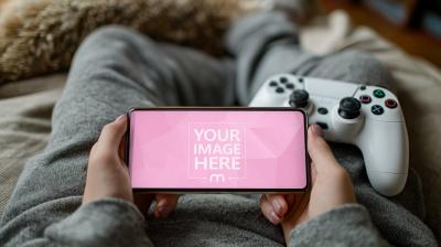 Smartphone Mockup Resting on Lap with Gamepad