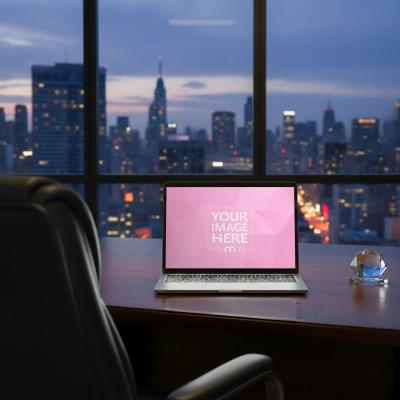 Laptop PSD Mockup on Executive Desk with City View