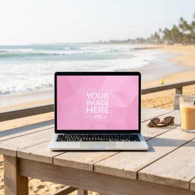 Laptop Mockup on Wood Table by the Beach