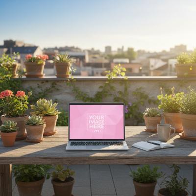 Laptop Mockup on Terrace with Plants
