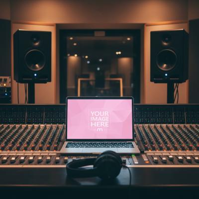 Laptop Mockup on Audio Mixing Console for Music Production