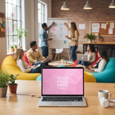 Laptop PSD Mockup Placed on Shared Workspace Table