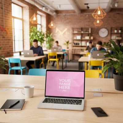 Laptop Mockup in Coworking Space for Startup Office Branding