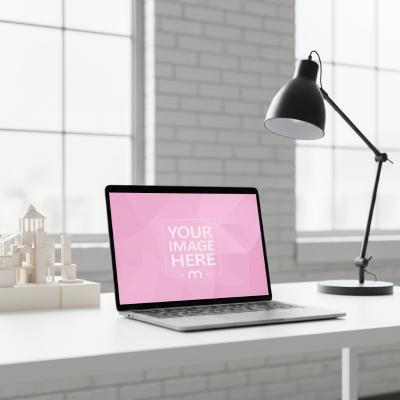 Laptop Mockup Generator on White Minimal Desk