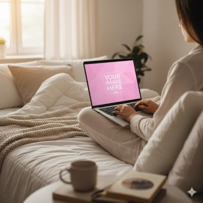 Laptop Mockup Generator on Bed in Cozy Bedroom