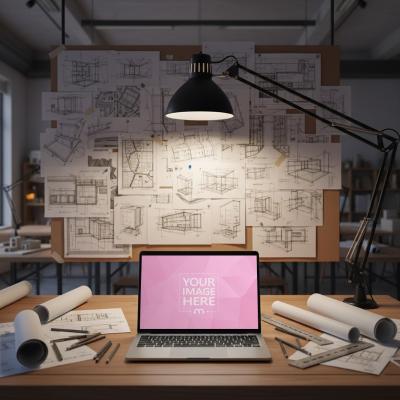 Laptop Mockup on Architect Desk with Blueprints