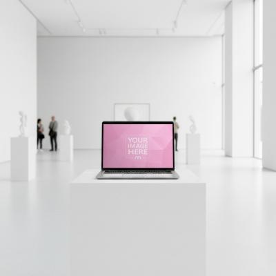 Laptop Mockup Generator on White Pedestal in Art Gallery