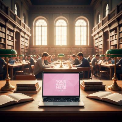 Laptop Mockup Placed in Grand Library