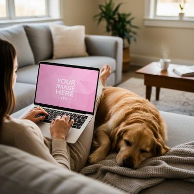 Laptop Mockup on Sofa with Sleeping Dog in Home