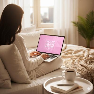 Laptop Mockup on Bed with Blanket for Morning Work Scenes