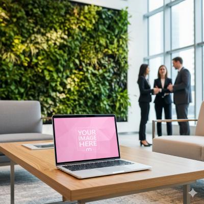 Laptop Mockup in Business Lounge with Green Wall