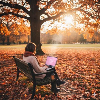 Laptop Mockup on Park Bench with Woman