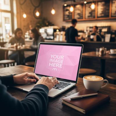 Laptop Mockup on Cafe Table for Creative Work Promotion