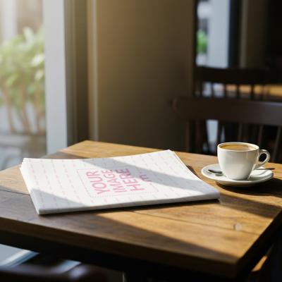 Newspaper Mockup on Wooden Table in Cozy Café
