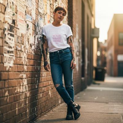 T-Shirt Mockup on Female Model in Urban Street