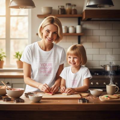 T-Shirt Mockup on Mother and Child in Kitchen
