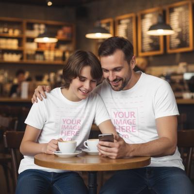 T-Shirt Mockup on Father and Son in Cozy Café
