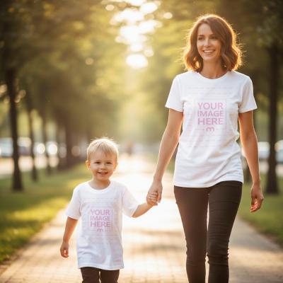 T-Shirt Mockup on Mother and Son Walking in Park
