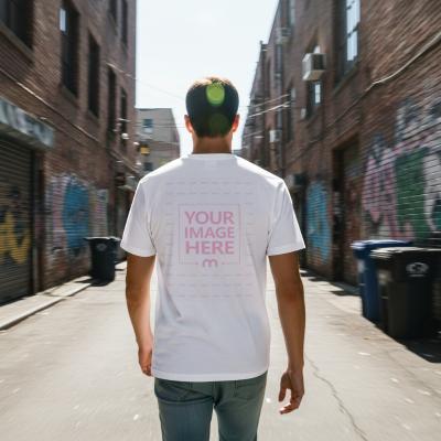 T-Shirt Mockup Back View on Model Walking Outdoor