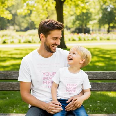T-Shirt Mockup on Father Son in Park Bench