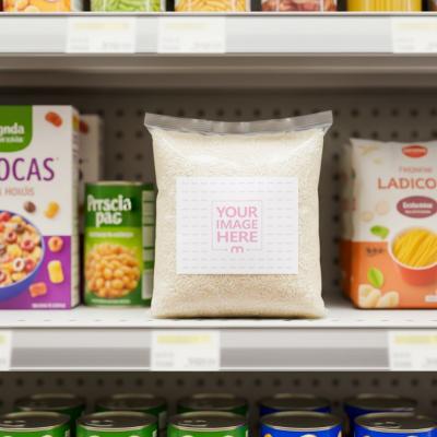 Transparent Rice Bag Mockup on Shelf for Food Packaging