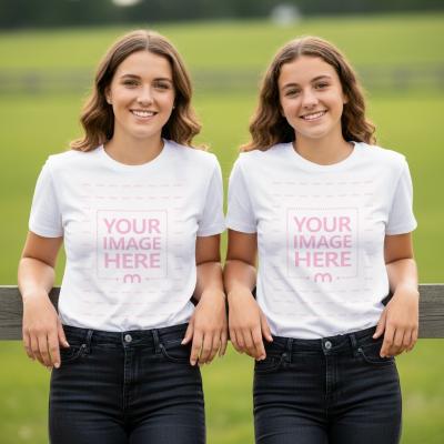 T-Shirt Mockup on Twin Sisters in Field for Youthful Apparels