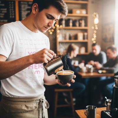 T-Shirt Mockup on Barista Pouring Latte for Café