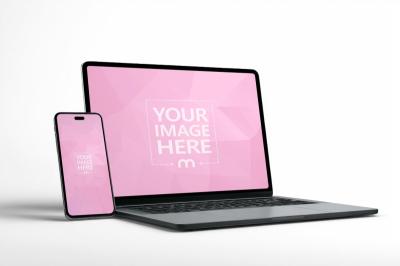 Laptop and Mobile Phone Mockup on Isolated White Background