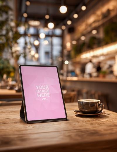 Tablet Mockup on Wooden Table in Café