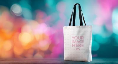Tote Bag Mockup on Wooden Table for Shop Promotion