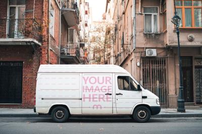 Delivery Van Mockup on Urban Street for Local Business Branding